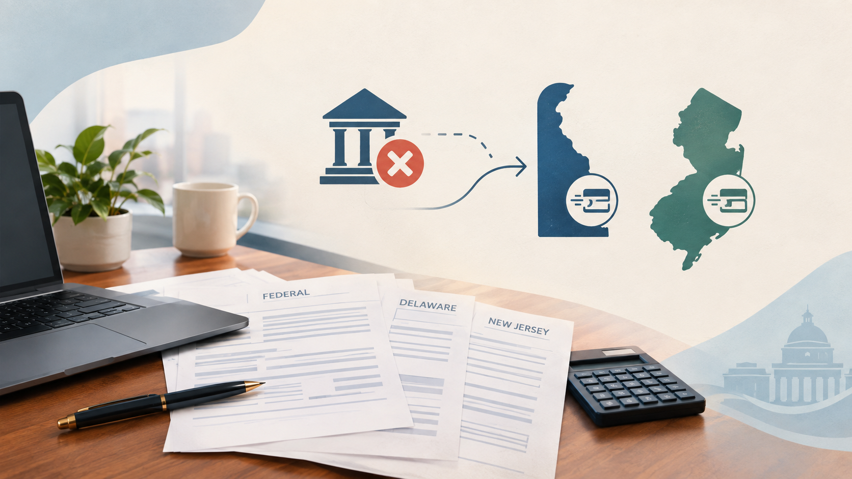 Case study illustration showing a filed tax return, a closed business bank account, and multi-state state tax payment issues across the United States